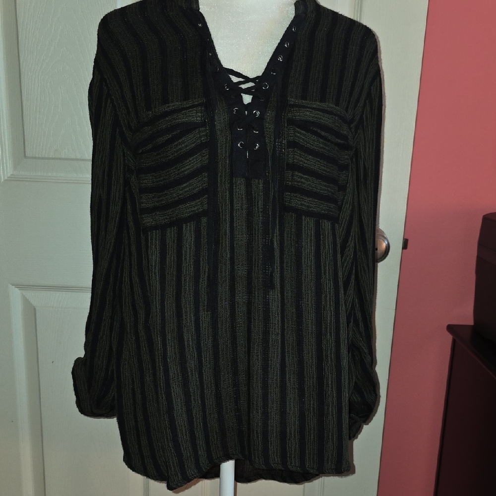 Striped Lace-Up Long Sleeve Top